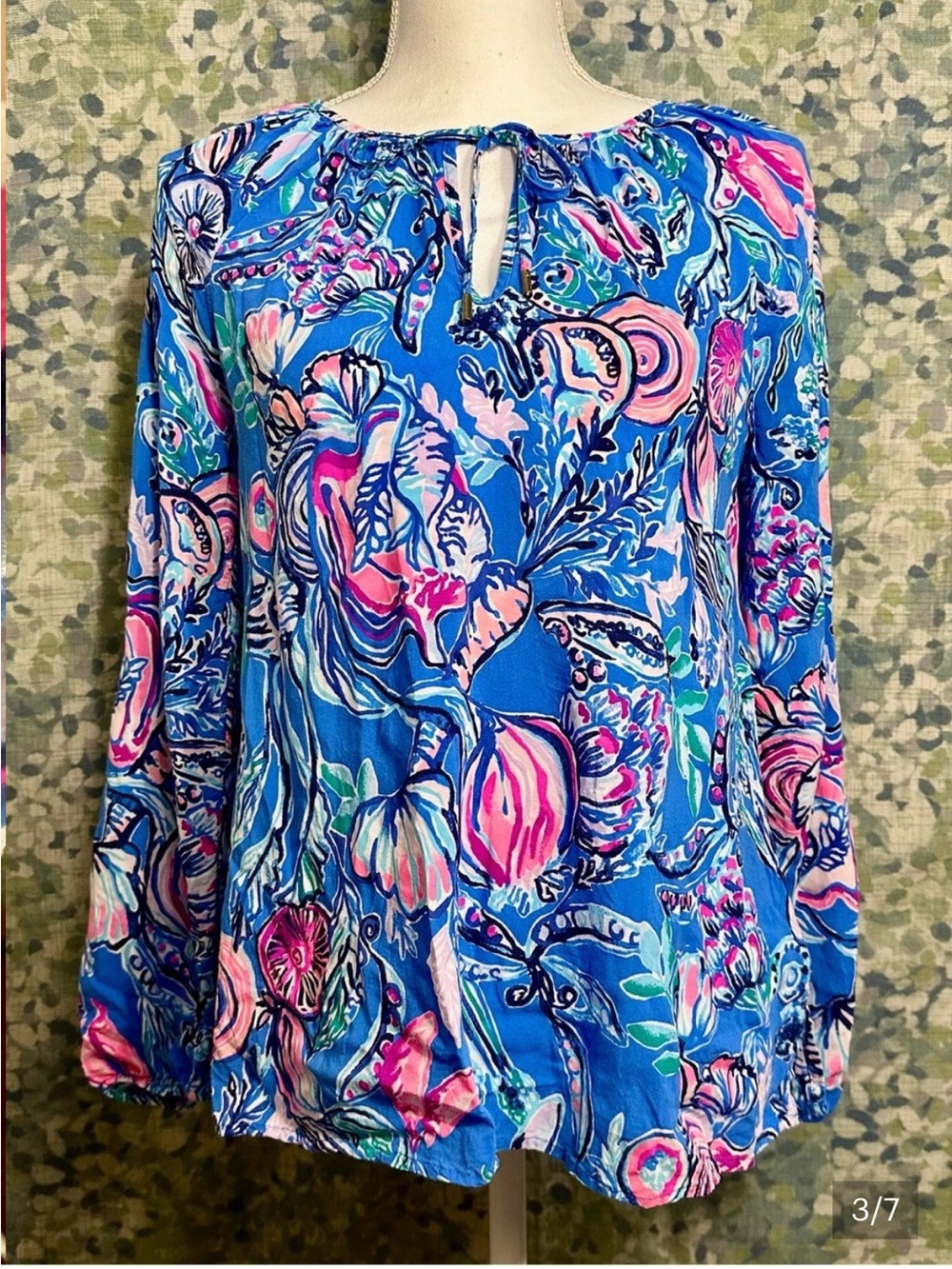 Lilly Pulitzer Blue Pink Ocean Print Tassel Tie Blouse Long Sleeve Size S - Picture 3 of 7